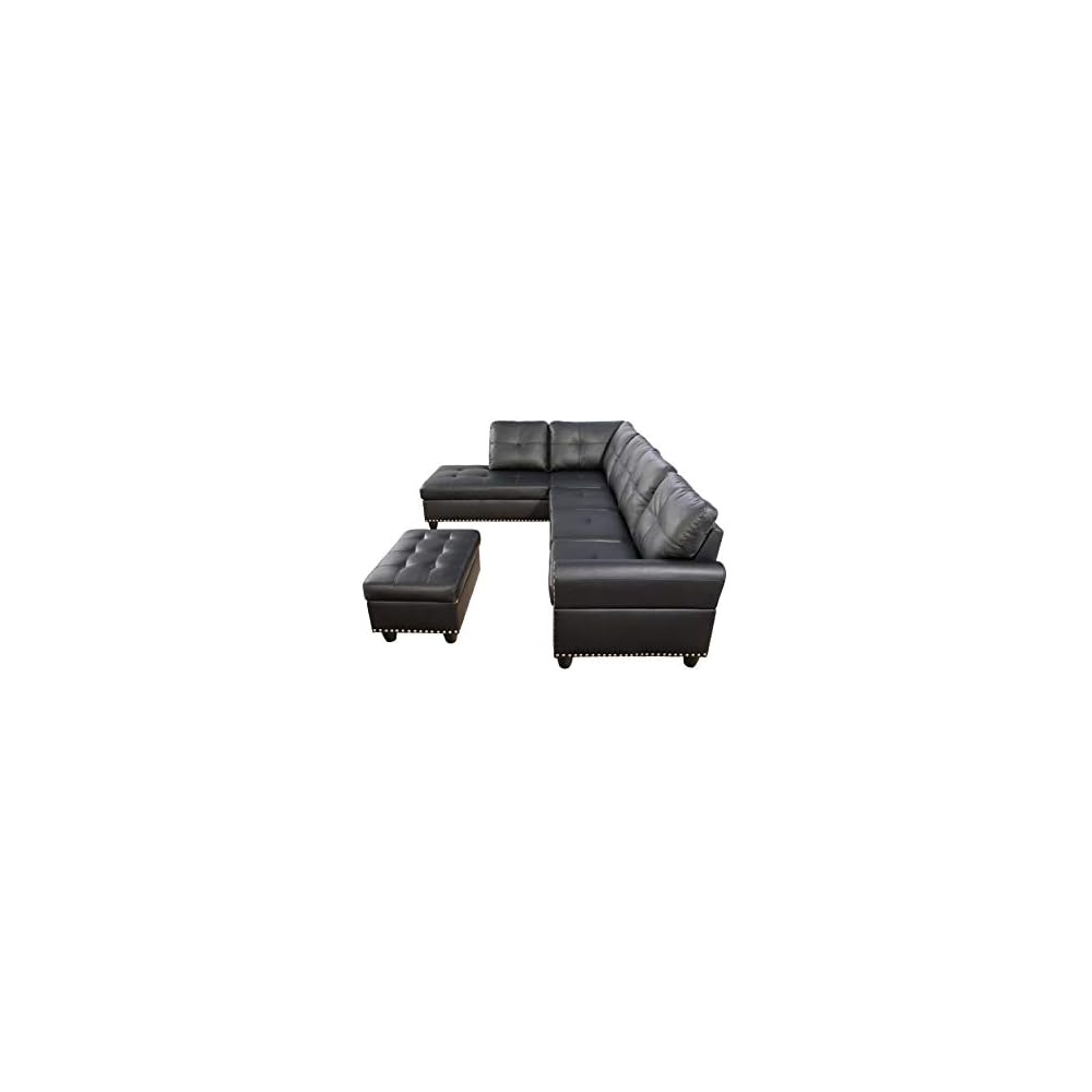 98" Faux Leather Sectional Sofa with Left Facing Chaise, L-Shaped 5 Seater Conrner Couch with Removable Storage Ottoman and Hidden Cup Holders for Living Room,Black