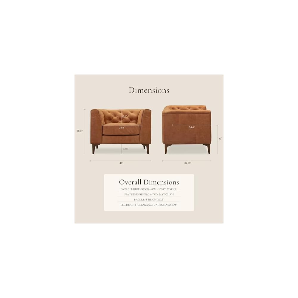 POLY & BARK Essex 40" Lounge Chair – Full-Grain Pure-Aniline Italian Leather, Tufted Back & Arms, Feather-Down Cushioning, Walnut Wood Legs - Cognac Tan
