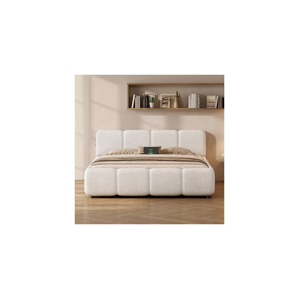 Full Size Cloud Boucle Upholstered Platform Bed Frame w/USB Ports