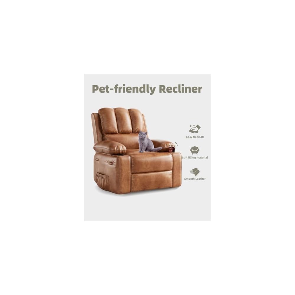 Oversized Recliner Chairs with Massage and Heat, Leather Recliner Chair for Adults, Manual Chair with Cup Holder for Living Room, Bedroom and Nursery (Coffee-1)