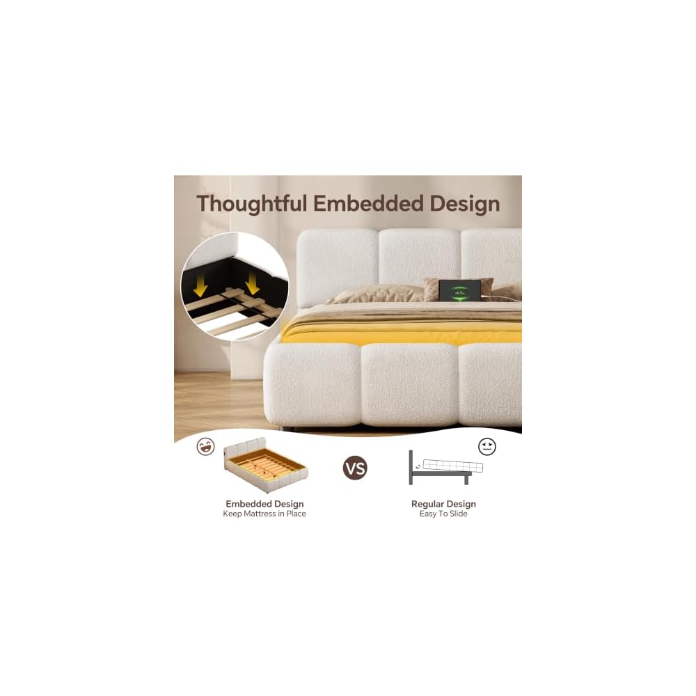 Full Size Cloud Boucle Upholstered Platform Bed Frame w/USB Ports