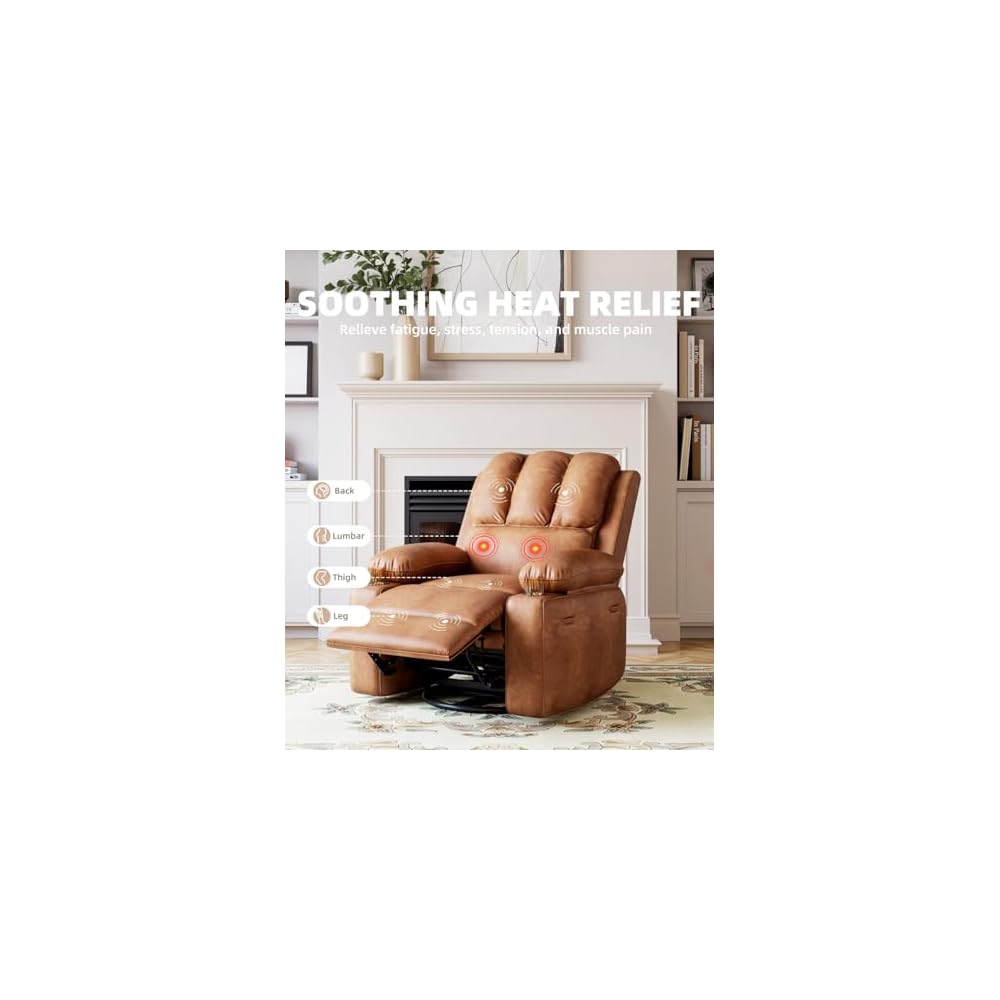 Oversized Recliner Chairs with Massage and Heat, Leather Recliner Chair for Adults, Manual Chair with Cup Holder for Living Room, Bedroom and Nursery (Coffee-1)