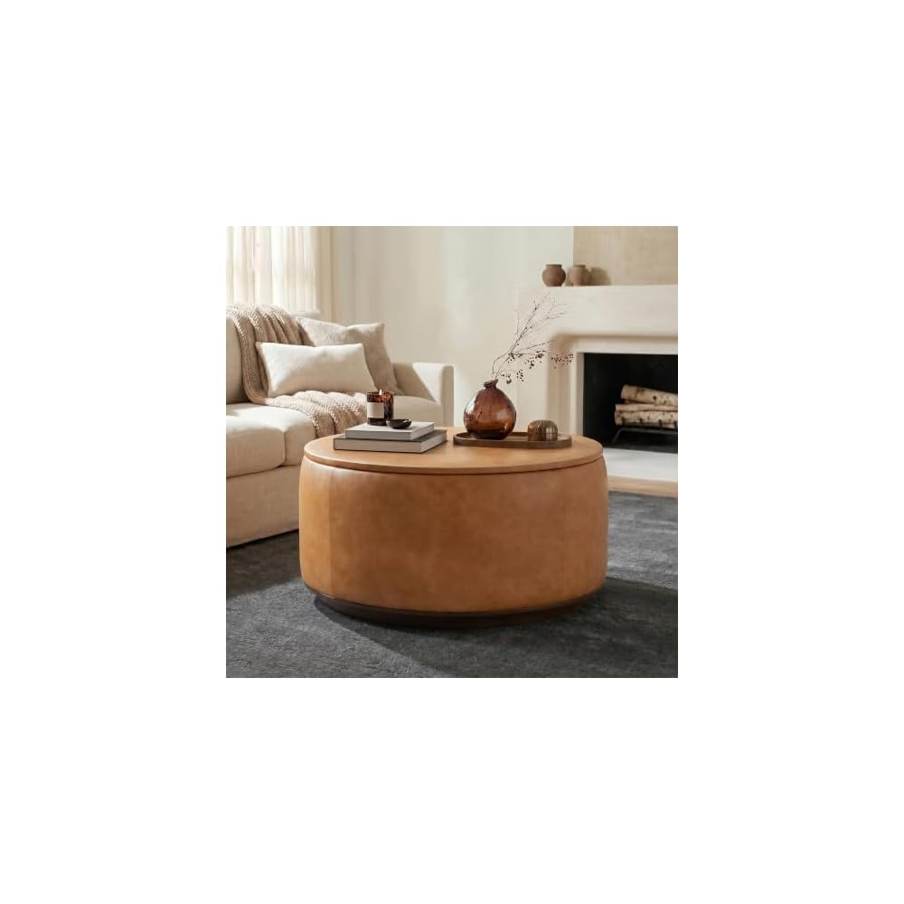 POLY & BARK Essex 40" Lounge Chair – Full-Grain Pure-Aniline Italian Leather, Tufted Back & Arms, Feather-Down Cushioning, Walnut Wood Legs - Cognac Tan