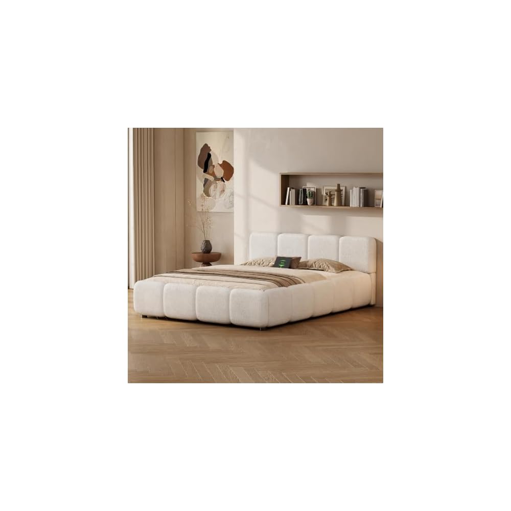 Full Size Cloud Boucle Upholstered Platform Bed Frame w/USB Ports