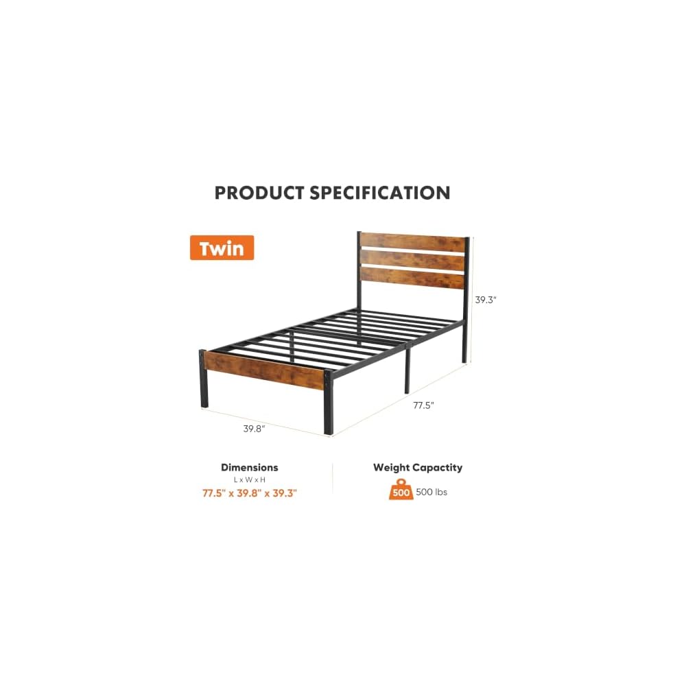 OLIXIS Twin Platform Bed Frame with Wooden Headboard and Footboard, Heavy Duty Metal Slat Mattress Base, 500 LBS Weight Capacity, Sturdy Stable Structure, No Box Spring Needed, Quick Simple Assembly