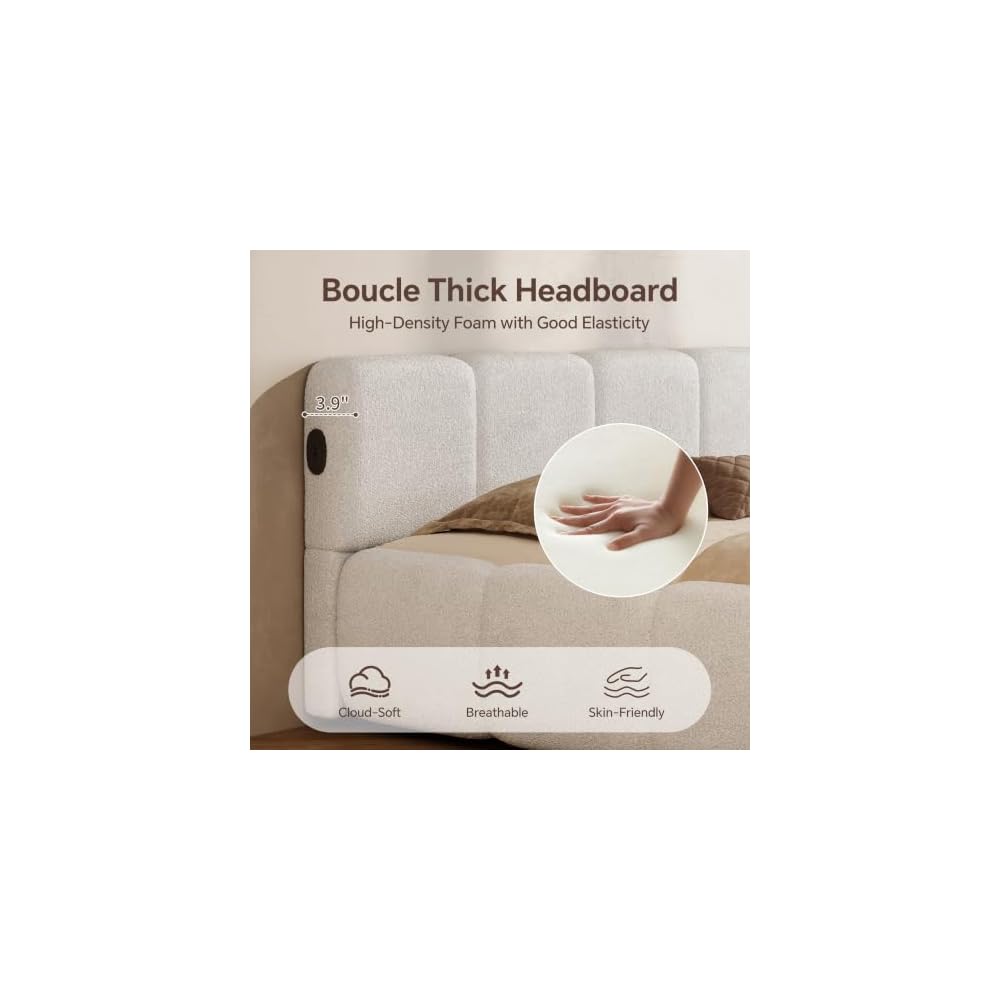 Full Size Cloud Boucle Upholstered Platform Bed Frame w/USB Ports