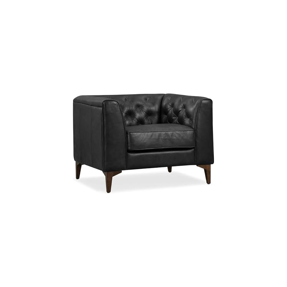 POLY & BARK Essex 40" Lounge Chair – Full-Grain Pure-Aniline Italian Leather, Tufted Back & Arms, Feather-Down Cushioning, Walnut Wood Legs - Cognac Tan