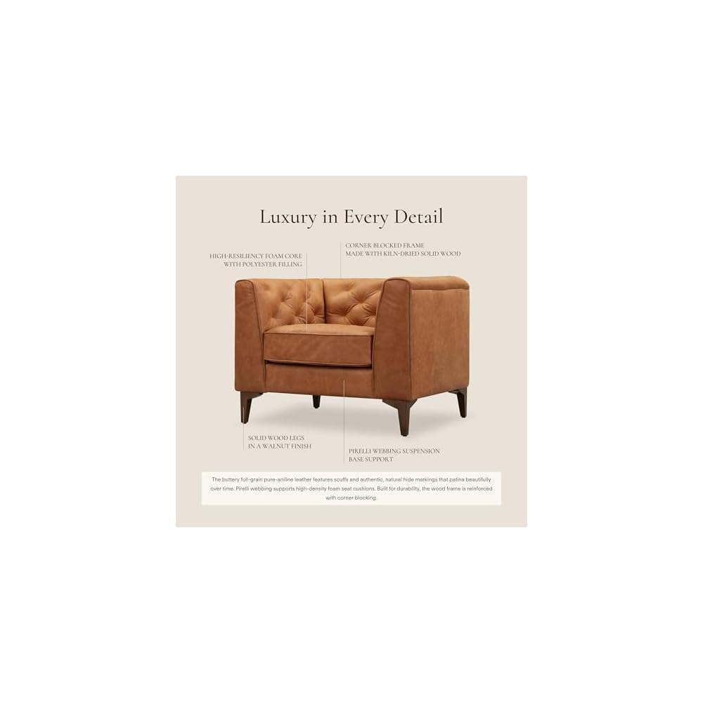POLY & BARK Essex 40" Lounge Chair – Full-Grain Pure-Aniline Italian Leather, Tufted Back & Arms, Feather-Down Cushioning, Walnut Wood Legs - Cognac Tan