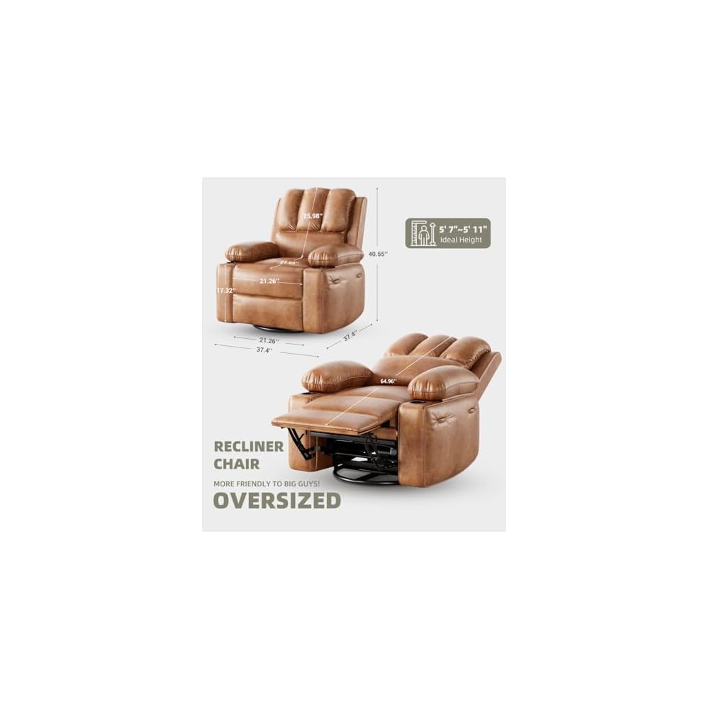 Oversized Recliner Chairs with Massage and Heat, Leather Recliner Chair for Adults, Manual Chair with Cup Holder for Living Room, Bedroom and Nursery (Coffee-1)