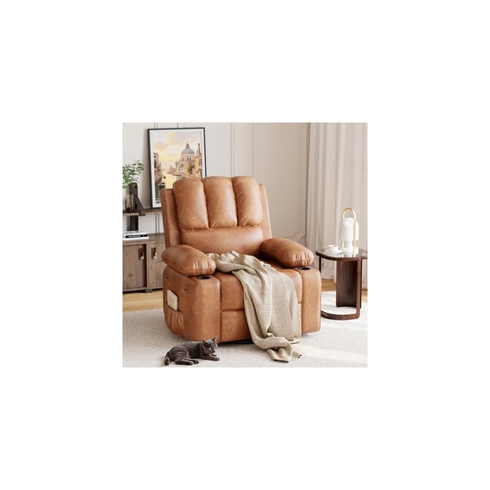Oversized Recliner Chairs with Massage and Heat, Leather Recliner Chair for Adults, Manual Chair with Cup Holder for Living Room, Bedroom and Nursery (Coffee-1)