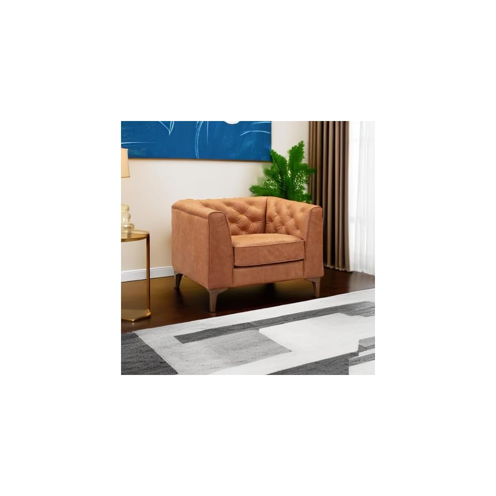 POLY & BARK Essex 40" Lounge Chair – Full-Grain Pure-Aniline Italian Leather, Tufted Back & Arms, Feather-Down Cushioning, Walnut Wood Legs - Cognac Tan