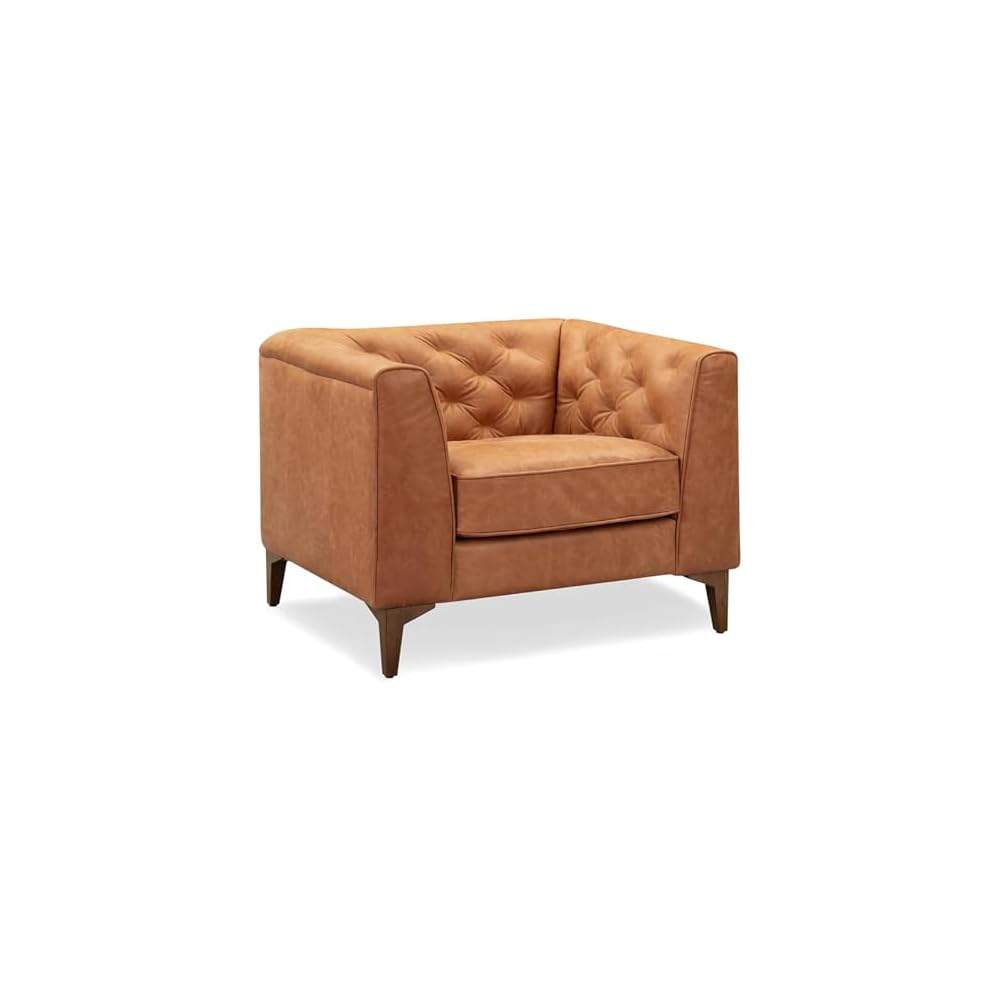 POLY & BARK Essex 40" Lounge Chair – Full-Grain Pure-Aniline Italian Leather, Tufted Back & Arms, Feather-Down Cushioning, Walnut Wood Legs - Cognac Tan