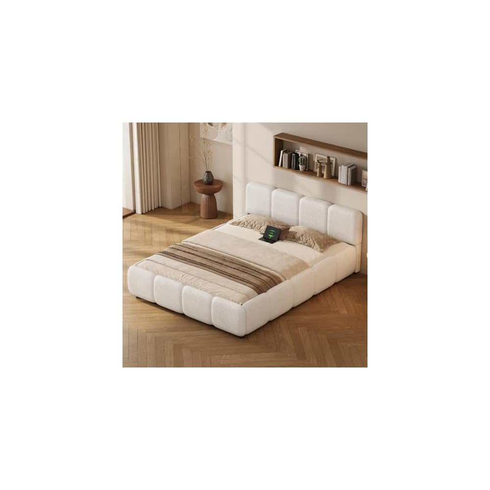 Full Size Cloud Boucle Upholstered Platform Bed Frame w/USB Ports
