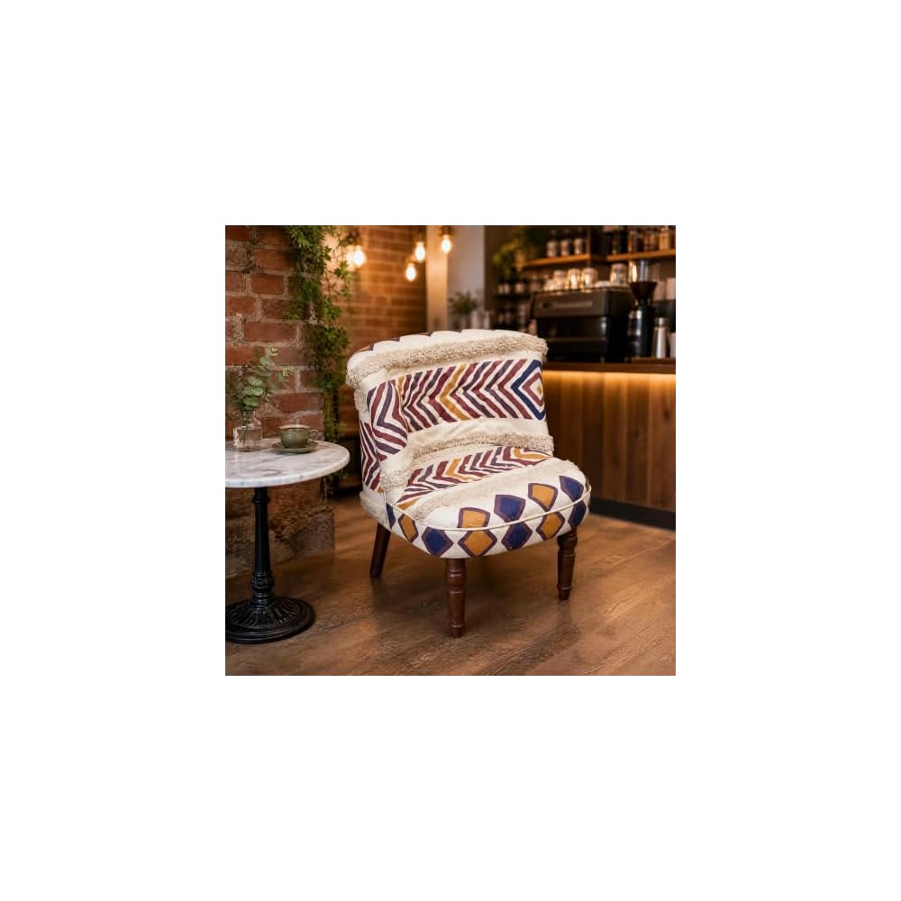 Boho Pattern Accent Chair with Fringe Trim and Turned Wood Legs