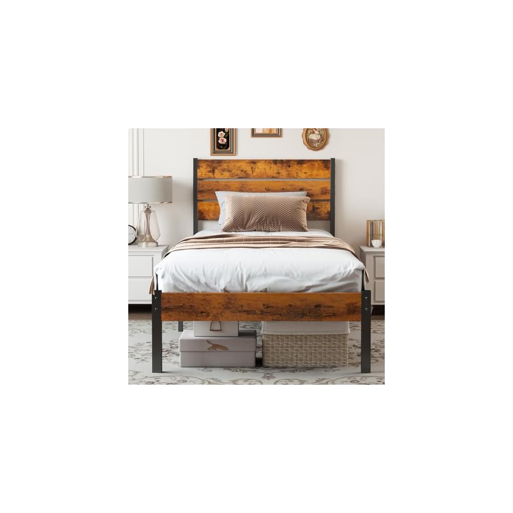 OLIXIS Twin Platform Bed Frame with Wooden Headboard and Footboard, Heavy Duty Metal Slat Mattress Base, 500 LBS Weight Capacity, Sturdy Stable Structure, No Box Spring Needed, Quick Simple Assembly