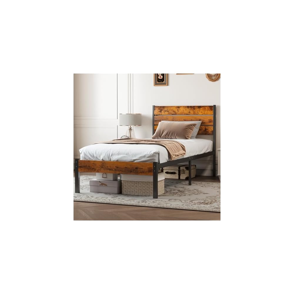 OLIXIS Twin Platform Bed Frame with Wooden Headboard and Footboard, Heavy Duty Metal Slat Mattress Base, 500 LBS Weight Capacity, Sturdy Stable Structure, No Box Spring Needed, Quick Simple Assembly