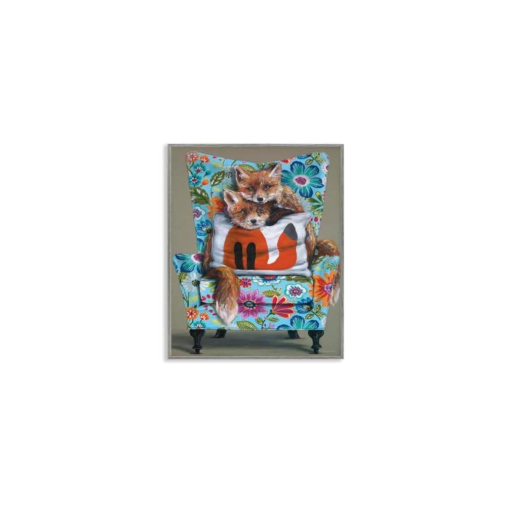 'Red Fox Pair Sitting Chair Spring Floral'| Framed Giclee Art