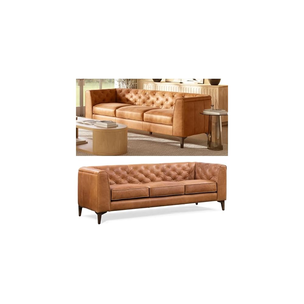 POLY & BARK Essex 40" Lounge Chair – Full-Grain Pure-Aniline Italian Leather, Tufted Back & Arms, Feather-Down Cushioning, Walnut Wood Legs - Cognac Tan