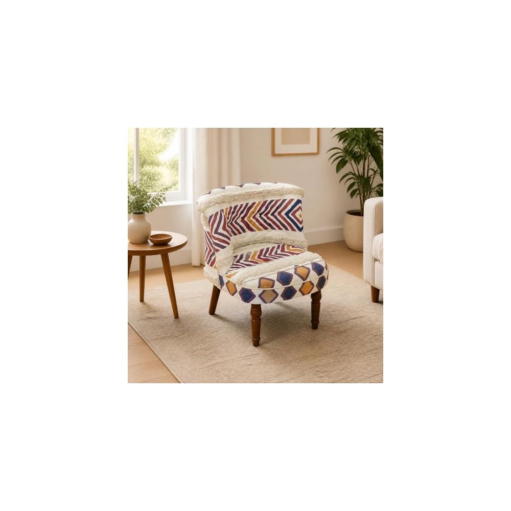 Boho Pattern Accent Chair with Fringe Trim and Turned Wood Legs
