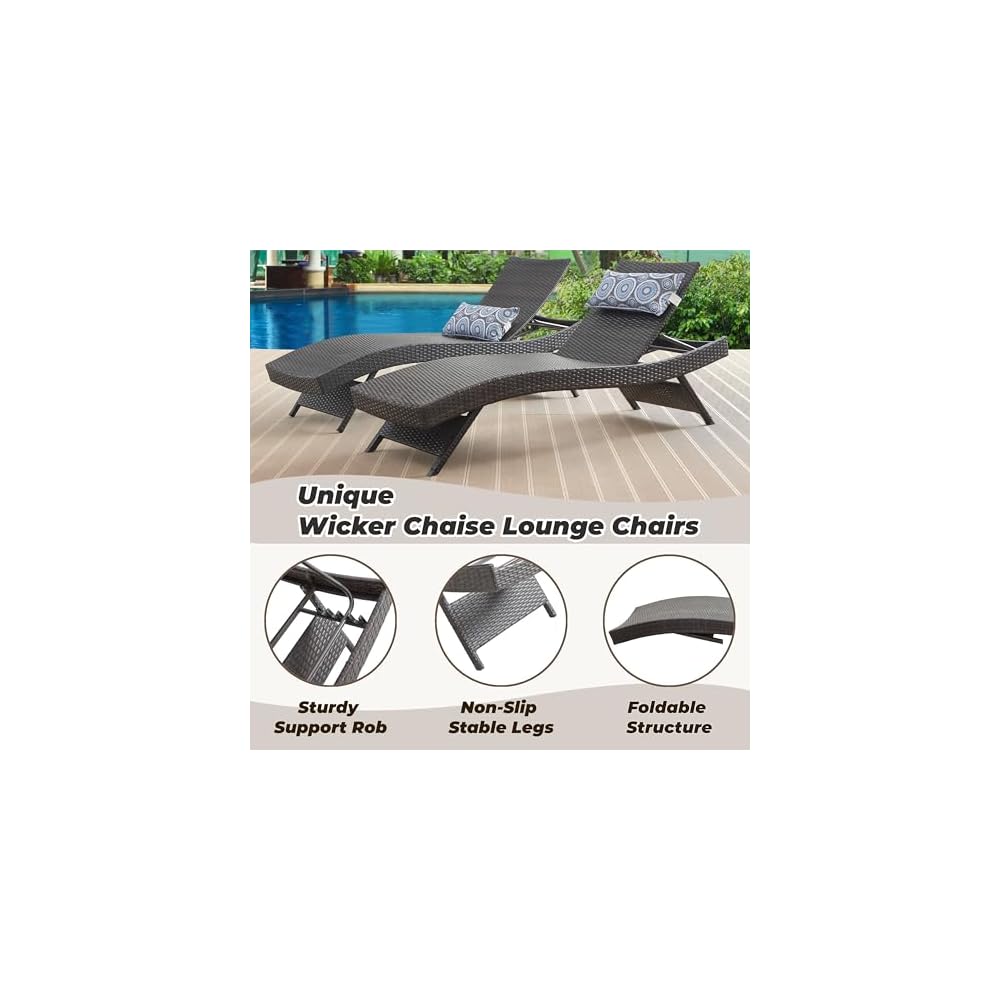 79'' Long Reclining Chair Set of 2 with Cushions, Adjustable Patio Chaise Lounge Chair, Outdoor Wicker Lounge Chair, PE Rattan Lawn Sunbathing for All Weather, Beach Poolside Garden Backyard, Brown