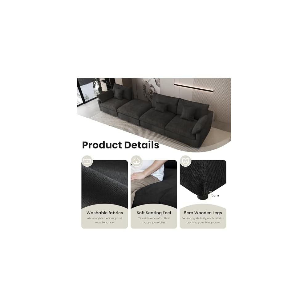WJShome Cloud Modular Sectional Sofa Couch for Livingroom,119inch Down Filled L Shaped Couch with Wide Seat,Convertible Sectional Sofa with Ottoman,Covers Washable&Replaceable,Black