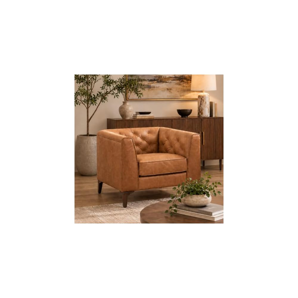 POLY & BARK Essex 40" Lounge Chair – Full-Grain Pure-Aniline Italian Leather, Tufted Back & Arms, Feather-Down Cushioning, Walnut Wood Legs - Cognac Tan