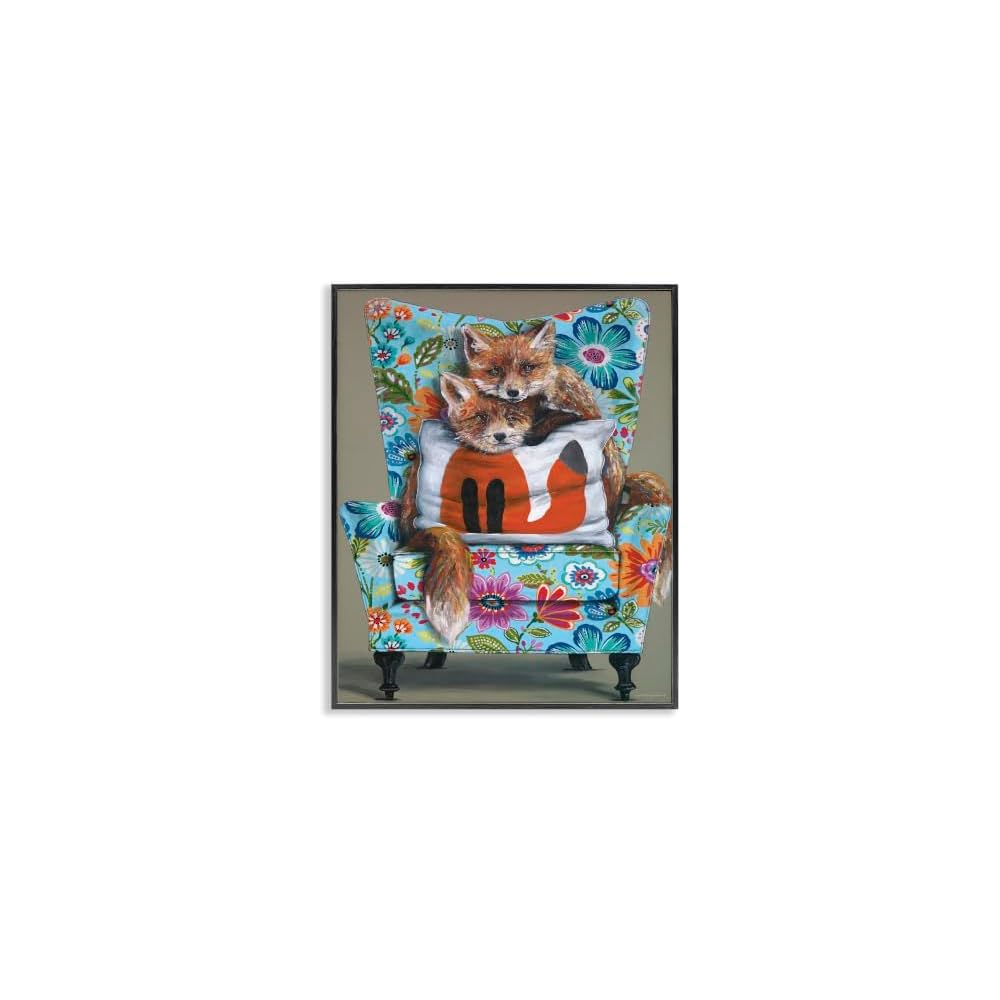 'Red Fox Pair Sitting Chair Spring Floral'| Framed Giclee Art