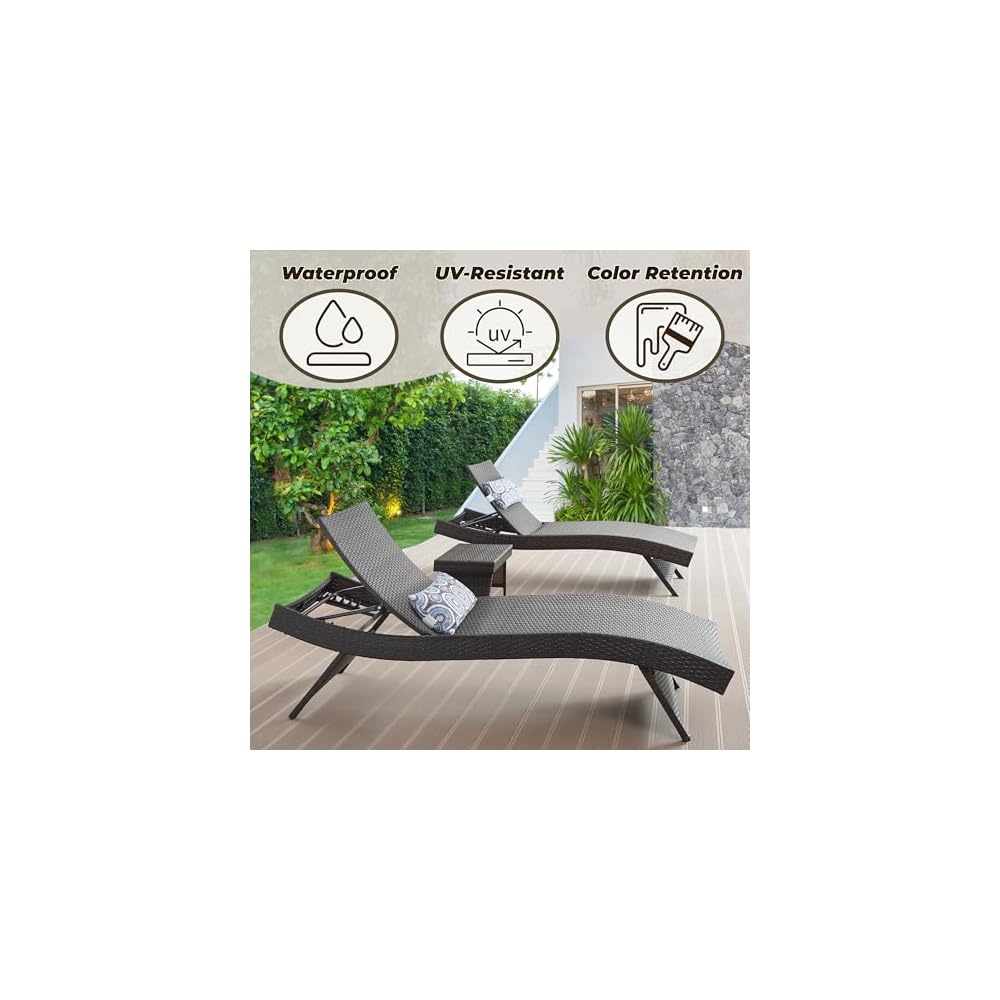79'' Long Reclining Chair Set of 2 with Cushions, Adjustable Patio Chaise Lounge Chair, Outdoor Wicker Lounge Chair, PE Rattan Lawn Sunbathing for All Weather, Beach Poolside Garden Backyard, Brown