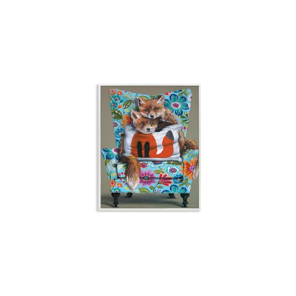 'Red Fox Pair Sitting Chair Spring Floral'| Framed Giclee Art