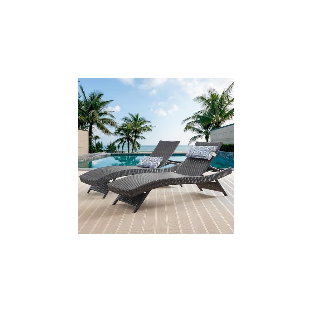 79'' Long Reclining Chair Set of 2 with Cushions, Adjustable Patio Chaise Lounge Chair, Outdoor Wicker Lounge Chair, PE Rattan Lawn Sunbathing for All Weather, Beach Poolside Garden Backyard, Brown
