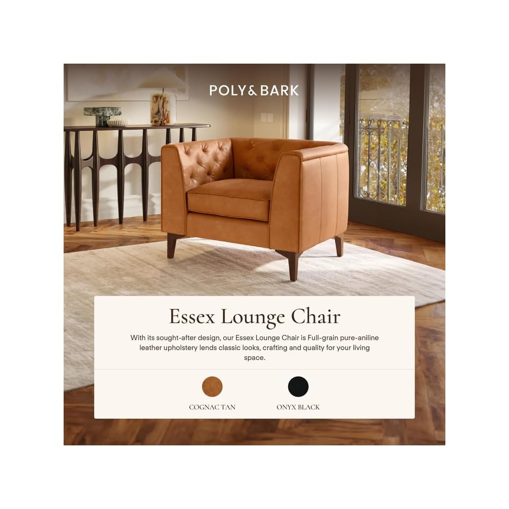POLY & BARK Essex 40" Lounge Chair – Full-Grain Pure-Aniline Italian Leather, Tufted Back & Arms, Feather-Down Cushioning, Walnut Wood Legs - Cognac Tan