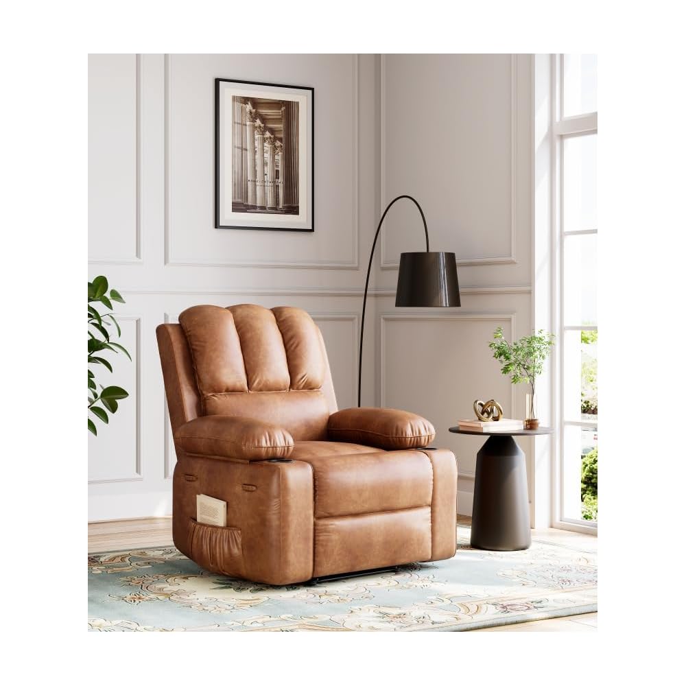 Oversized Recliner Chairs with Massage and Heat, Leather Recliner Chair for Adults, Manual Chair with Cup Holder for Living Room, Bedroom and Nursery (Coffee-1)