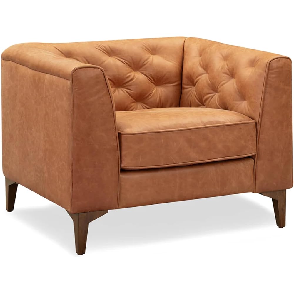POLY & BARK Essex 40" Lounge Chair – Full-Grain Pure-Aniline Italian Leather, Tufted Back & Arms, Feather-Down Cushioning, Walnut Wood Legs - Cognac Tan