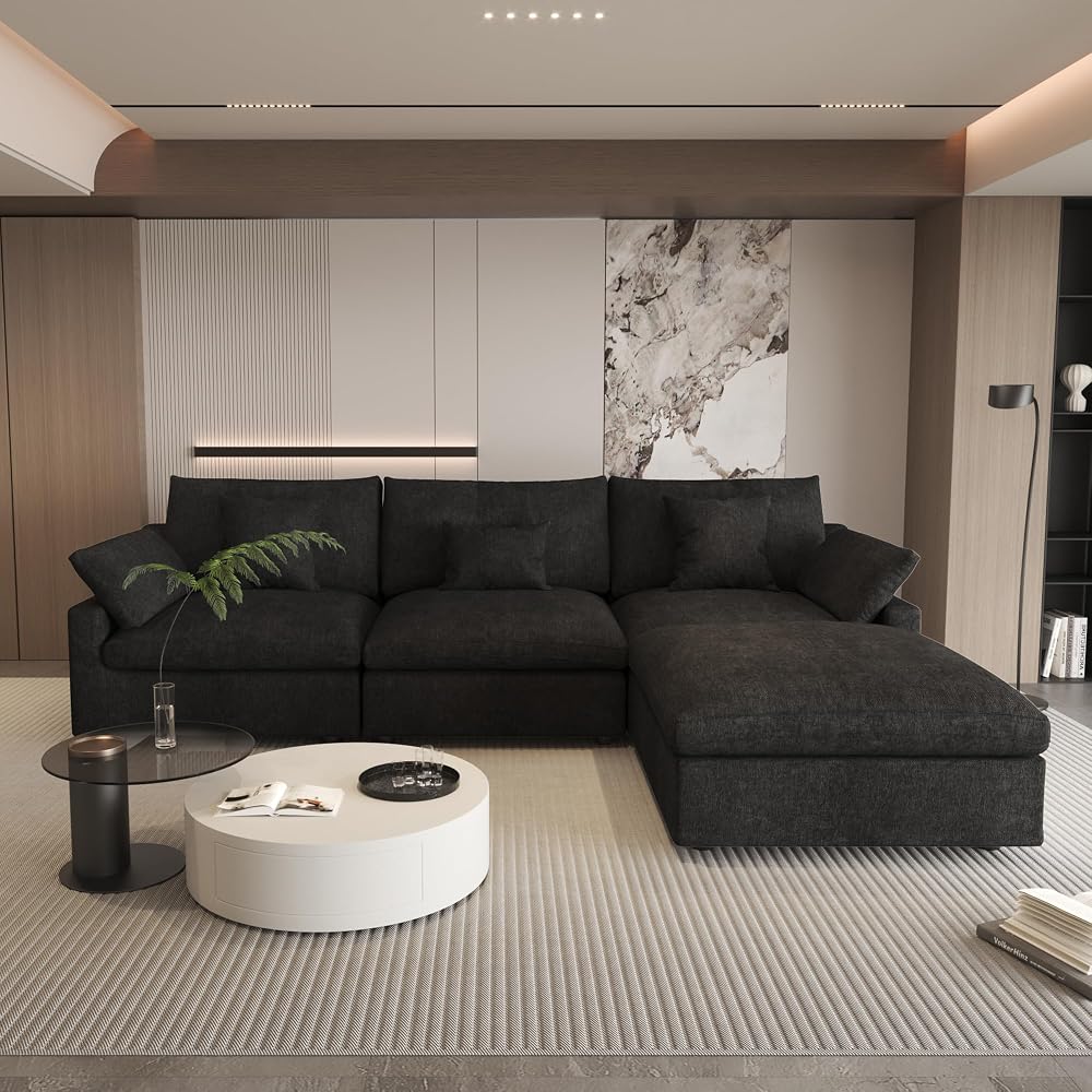 WJShome Cloud Modular Sectional Sofa Couch for Livingroom,119inch Down Filled L Shaped Couch with Wide Seat,Convertible Sectional Sofa with Ottoman,Covers Washable&Replaceable,Black