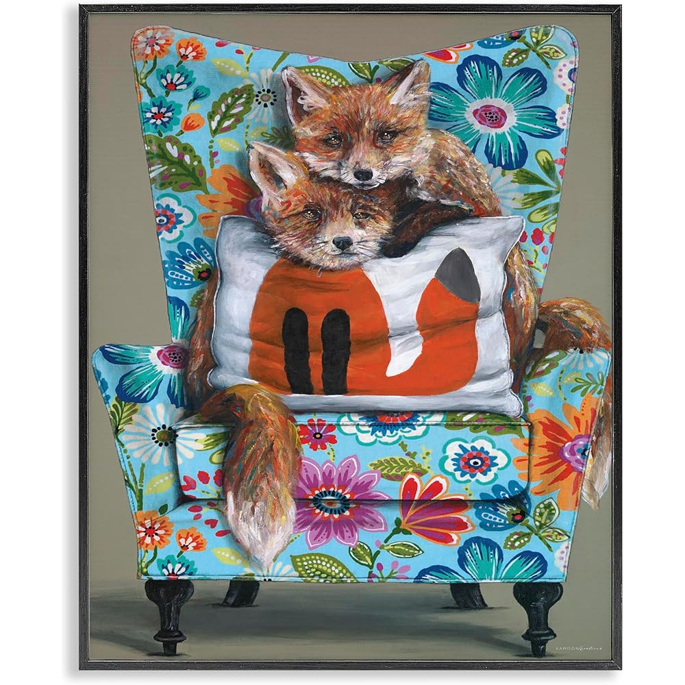 'Red Fox Pair Sitting Chair Spring Floral'| Framed Giclee Art