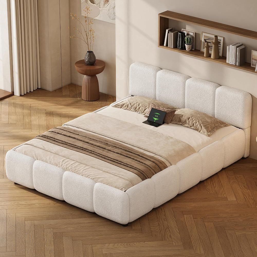 Full Size Cloud Boucle Upholstered Platform Bed Frame w/USB Ports