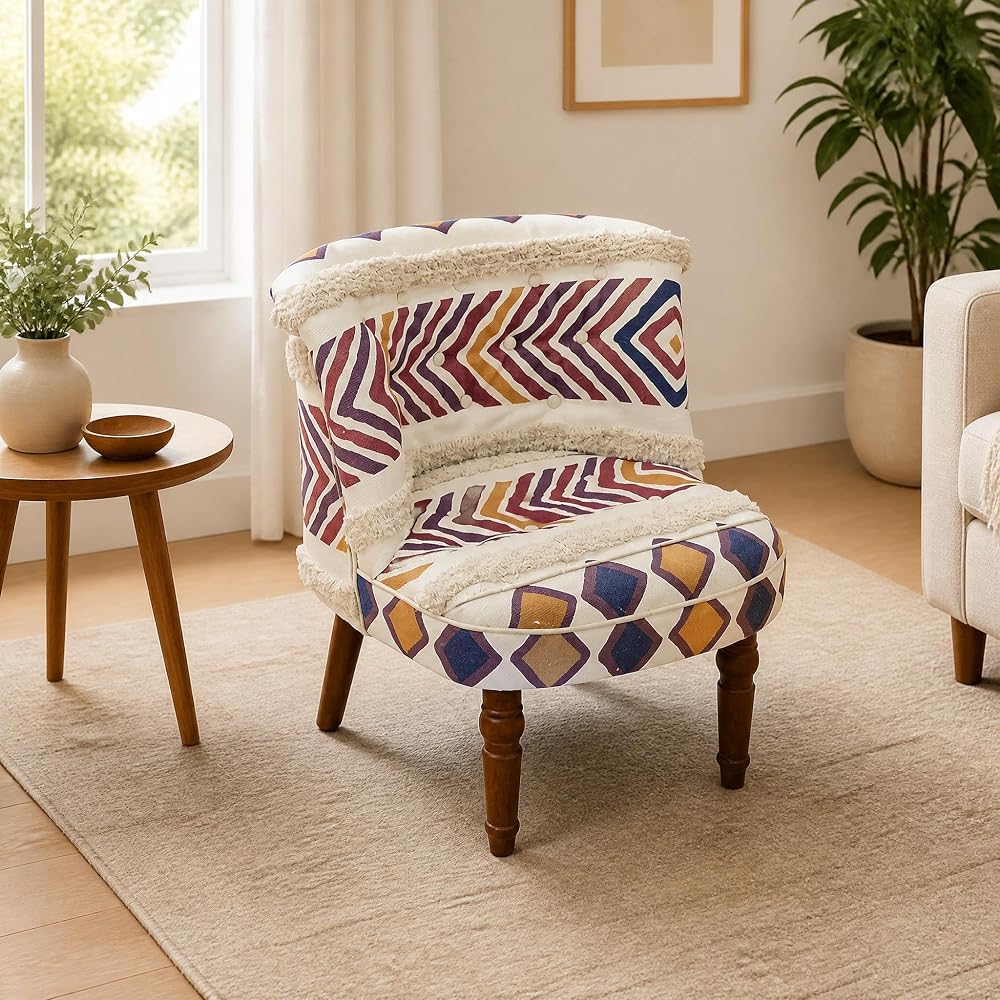 Boho Pattern Accent Chair with Fringe Trim and Turned Wood Legs