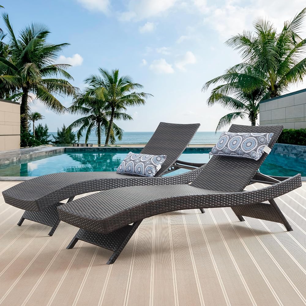 79'' Long Reclining Chair Set of 2 with Cushions, Adjustable Patio Chaise Lounge Chair, Outdoor Wicker Lounge Chair, PE Rattan Lawn Sunbathing for All Weather, Beach Poolside Garden Backyard, Brown